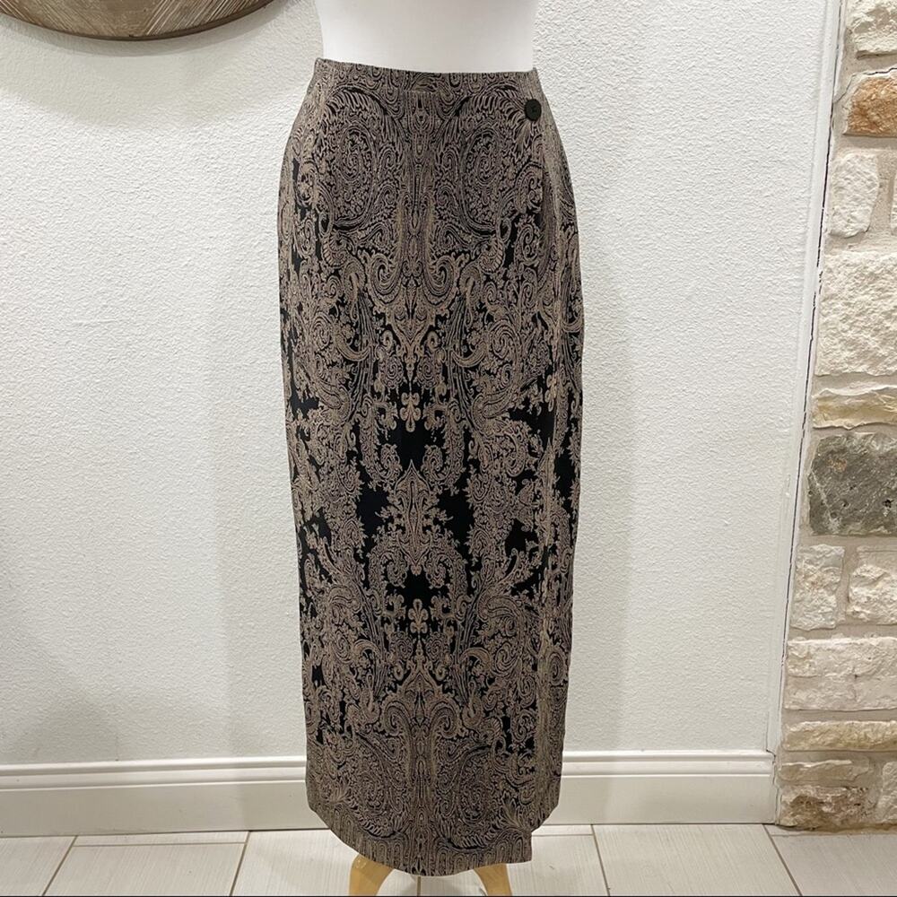 Barry Bricken Collection Vintage Silk Wrap Maxi Skirt Taupe Black 4